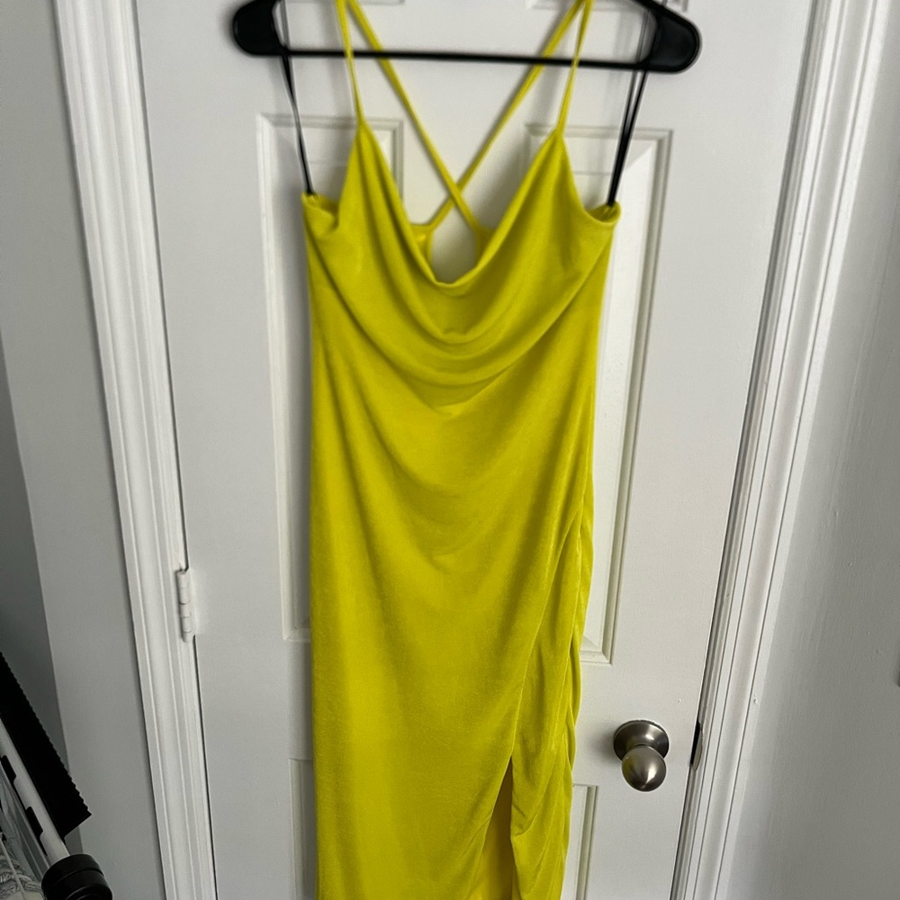 Women's Neon Yellow Cowl Neck Ruched Bodycon Dress